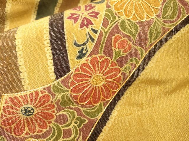 平和屋着物▼太鼓柄袋帯　紬地　駒刺繍　菊唐草文　金彩　金通し地　正絹　逸品　DABF2715fe
