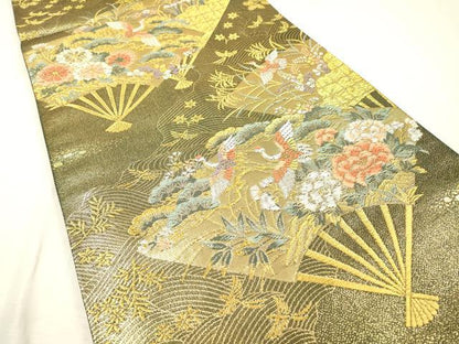 平和屋着物▼六通柄袋帯　唐織　扇面飛鶴花文　金糸　正絹　逸品　DABF2721fe