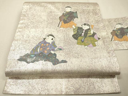 平和屋着物▼九寸名古屋帯　螺鈿箔　手描き　人物文　銀彩　正絹　逸品　DABF2738fe