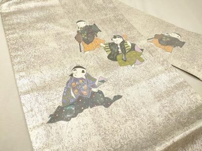 平和屋着物▼九寸名古屋帯　螺鈿箔　手描き　人物文　銀彩　正絹　逸品　DABF2738fe