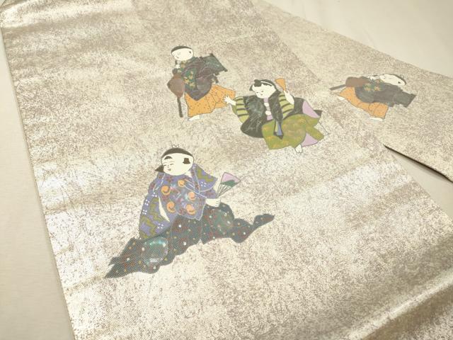 平和屋着物▼九寸名古屋帯　螺鈿箔　手描き　人物文　銀彩　正絹　逸品　DABF2738fe