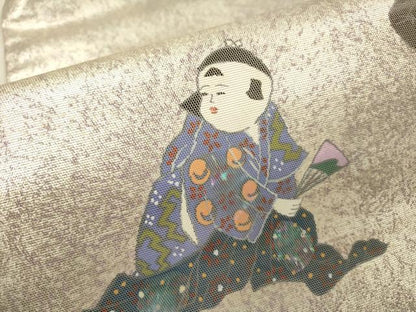 平和屋着物▼九寸名古屋帯　螺鈿箔　手描き　人物文　銀彩　正絹　逸品　DABF2738fe
