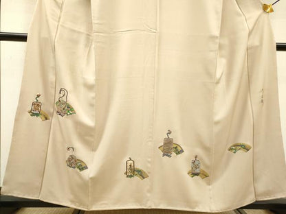 平和屋着物▼螺鈿作家　甲斐泰造　色留袖　螺鈿　刺繍　地紙花文　金糸　正絹　逸品　DABF2885fe