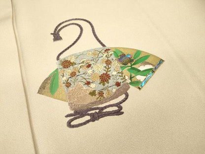 平和屋着物▼螺鈿作家　甲斐泰造　色留袖　螺鈿　刺繍　地紙花文　金糸　正絹　逸品　DABF2885fe