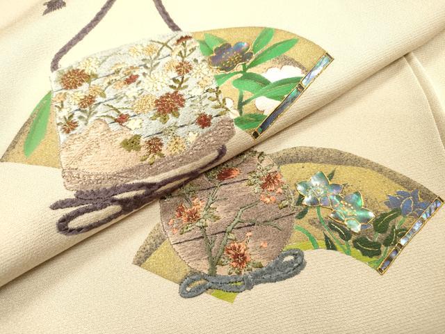 平和屋着物▼螺鈿作家　甲斐泰造　色留袖　螺鈿　刺繍　地紙花文　金糸　正絹　逸品　DABF2885fe