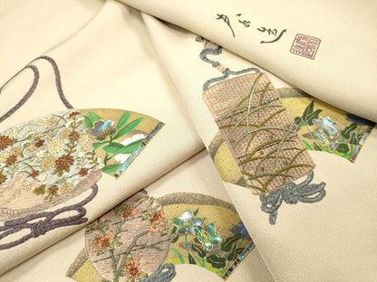 平和屋着物▼螺鈿作家　甲斐泰造　色留袖　螺鈿　刺繍　地紙花文　金糸　正絹　逸品　DABF2885fe