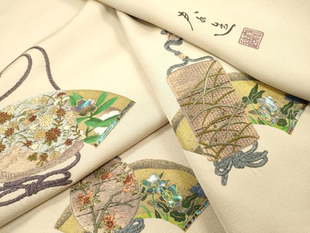 平和屋着物▼螺鈿作家　甲斐泰造　色留袖　螺鈿　刺繍　地紙花文　金糸　正絹　逸品　DABF2885fe