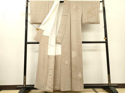 平和屋着物▼訪問着　総刺繍　片輪車花文　金彩　白茶色　正絹　逸品　DABF2891fe