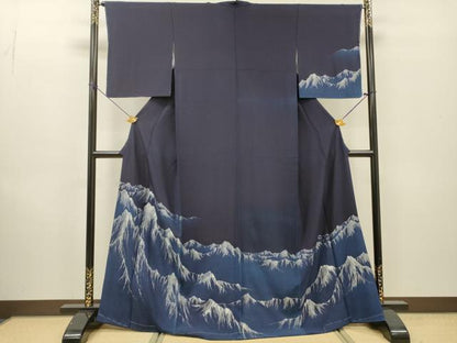 平和屋着物●藍造り国選定無形文化財　藍師・佐藤昭人　訪問着　重ね山　銀糸　正絹　逸品　DABF2937fe