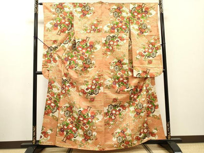 平和屋着物▼豪華振袖　花車　金通し地　正絹　逸品　DABF2948fe