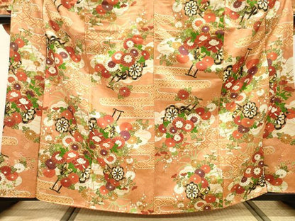 平和屋着物▼豪華振袖　花車　金通し地　正絹　逸品　DABF2948fe