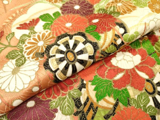 平和屋着物▼豪華振袖　花車　金通し地　正絹　逸品　DABF2948fe