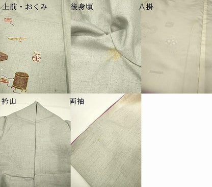 平和屋着物●訪問着　紬地　童子　扇　楽器　金彩　正絹　逸品　DABF2960fe