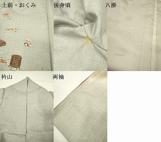 平和屋着物●訪問着　紬地　童子　扇　楽器　金彩　正絹　逸品　DABF2960fe