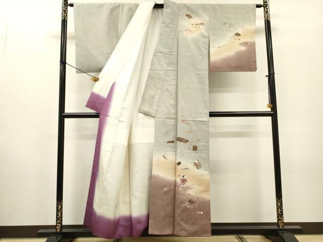 平和屋着物●訪問着　紬地　童子　扇　楽器　金彩　正絹　逸品　DABF2960fe