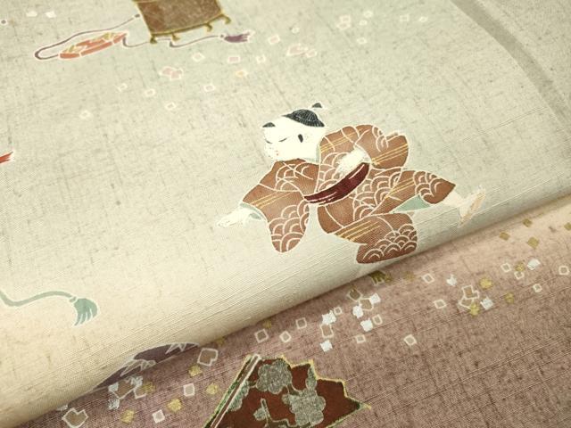 平和屋着物●訪問着　紬地　童子　扇　楽器　金彩　正絹　逸品　DABF2960fe
