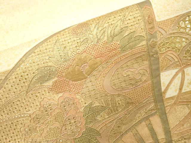 平和屋着物▼中国三大刺繍　スワトウ刺繍　汕頭刺繍　相良刺繍　総刺繍　太鼓柄袋帯　扇面花文　金彩　正絹　逸品　DABF2993fe