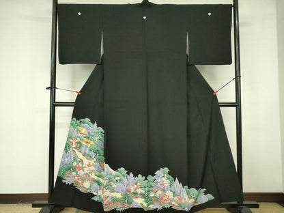 平和屋着物■黒留袖 駒刺繍 風景花文 金彩 洗える着物 DABF3039op