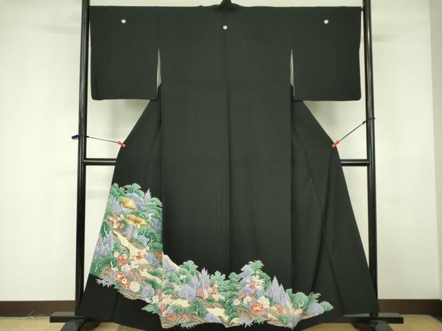 平和屋着物■黒留袖 駒刺繍 風景花文 金彩 洗える着物 DABF3039op