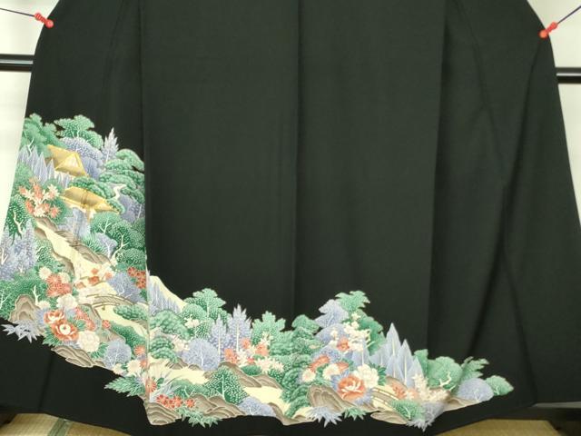 平和屋着物■黒留袖 駒刺繍 風景花文 金彩 洗える着物 DABF3039op