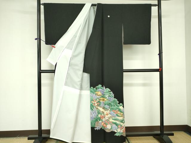 平和屋着物■黒留袖 駒刺繍 風景花文 金彩 洗える着物 DABF3039op