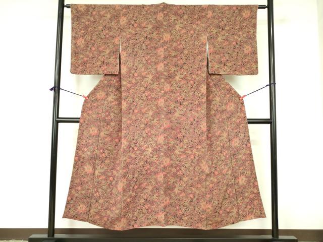 平和屋着物■上質な小紋 型染 更紗花鳥文 鬼しぼ縮緬 正絹 逸品 DABF3073op