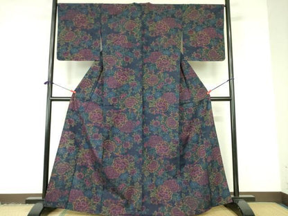 平和屋着物▽上質な紬 　単衣　 草花　正絹　逸品　未使用　DABF3102op