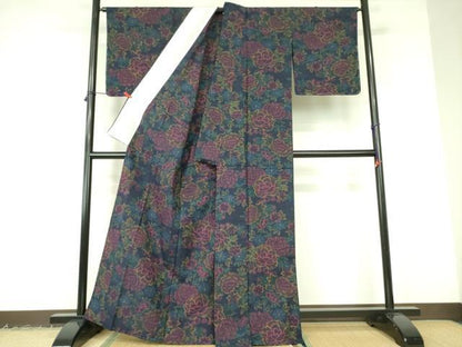 平和屋着物▽上質な紬 　単衣　 草花　正絹　逸品　未使用　DABF3102op