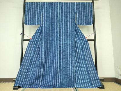 平和屋着物▽上質な紬　単衣　藍　絞り　間道　ロング丈　正絹　逸品　DABF3103op