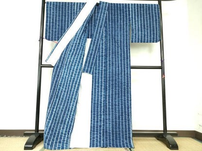 平和屋着物▽上質な紬　単衣　藍　絞り　間道　ロング丈　正絹　逸品　DABF3103op