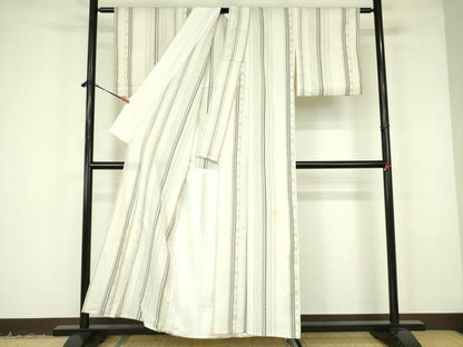 平和屋着物▽本塩沢　単衣　絣間道　正絹　逸品　DABF3104op