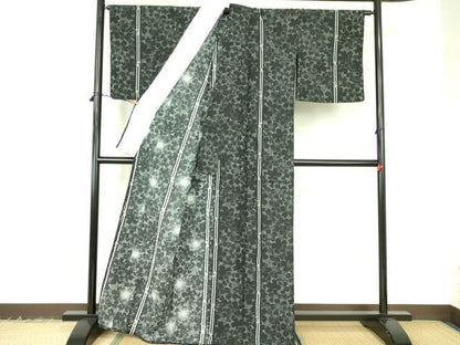 平和屋着物▽小紋　単衣　舞桜間道　黒地　洗える着物　DABF3105op