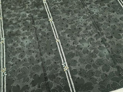 平和屋着物▽小紋　単衣　舞桜間道　黒地　洗える着物　DABF3105op