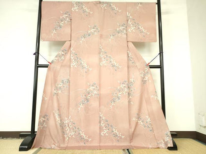 平和屋着物▽小紋　単衣　草葉文　ロング丈　洗える着物　DABF3108op