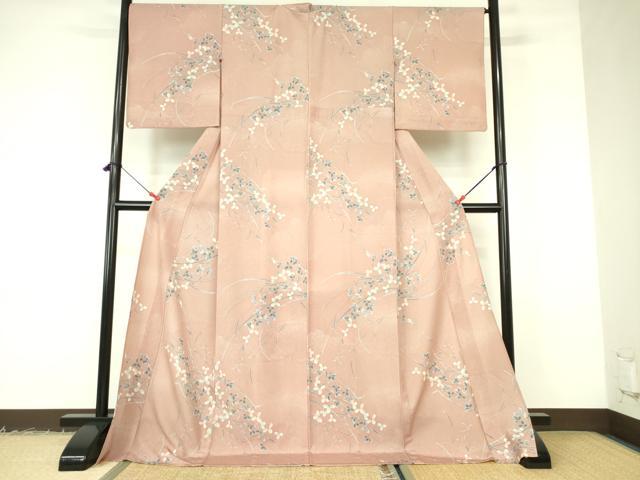 平和屋着物▽小紋　単衣　草葉文　ロング丈　洗える着物　DABF3108op