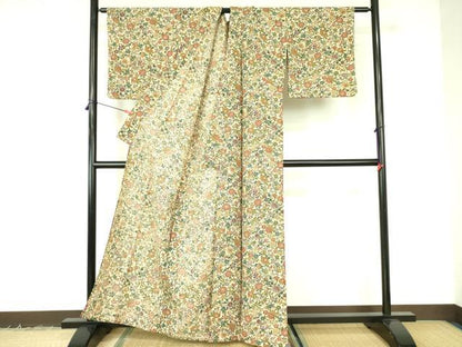 平和屋着物▽小紋　単衣　型染　草花　洗える着物　DABF3114op