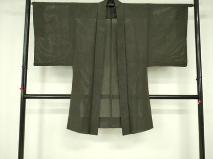 平和屋着物▽男性　長羽織　スリーシーズン　春夏秋　塵除け　縦絽　憲法黒茶色　正絹　逸品　DABF3117op