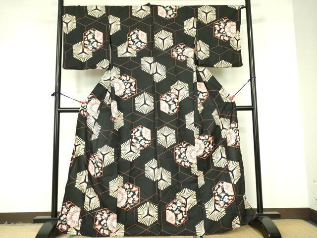 平和屋着物▽小紋　単衣　宝尽くし松葉花文　黒地　洗える着物　DABF3125op
