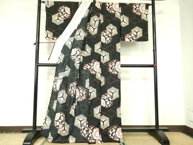 平和屋着物▽小紋　単衣　宝尽くし松葉花文　黒地　洗える着物　DABF3125op