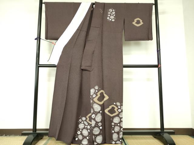 平和屋着物▽訪問着　単衣　杢目絞り　幾何学丸文　正絹　逸品　DABF3127op