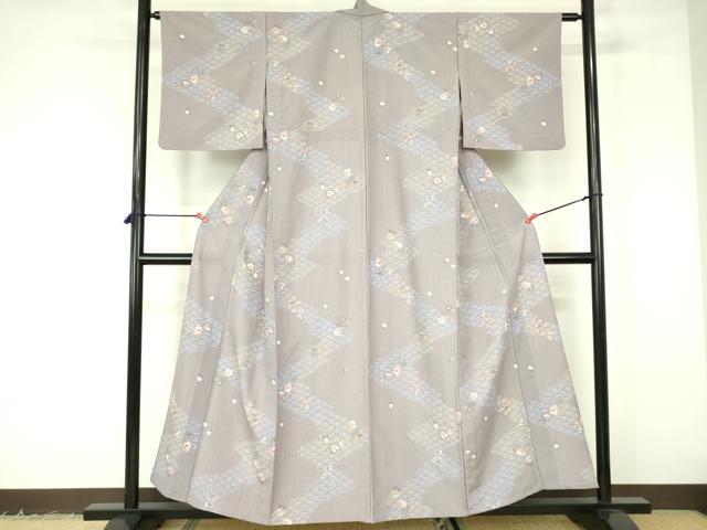 平和屋着物▽小紋　単衣　青海波　草花文　金彩　洗える着物　DABF3130op