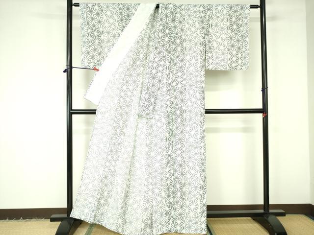 平和屋着物▽上質な小紋　単衣　麻の葉文様　洗える着物　未使用　DABF3132op