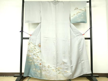 平和屋着物▽訪問着　単衣　刺繍　雪輪花松文　暈し染め　金彩　正絹　逸品　DABF3137op