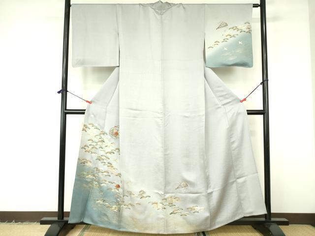平和屋着物▽訪問着　単衣　刺繍　雪輪花松文　暈し染め　金彩　正絹　逸品　DABF3137op