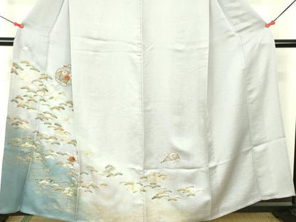 平和屋着物▽訪問着　単衣　刺繍　雪輪花松文　暈し染め　金彩　正絹　逸品　DABF3137op
