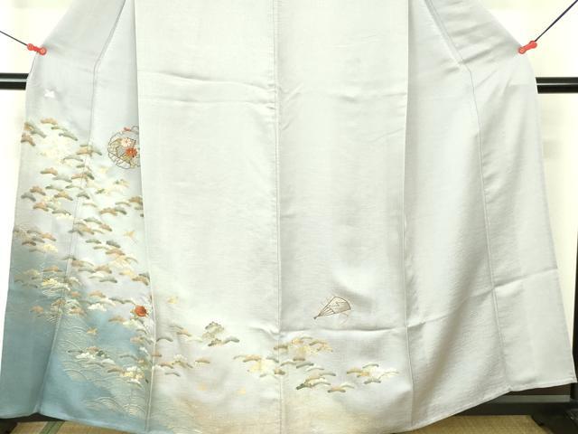 平和屋着物▽訪問着　単衣　刺繍　雪輪花松文　暈し染め　金彩　正絹　逸品　DABF3137op
