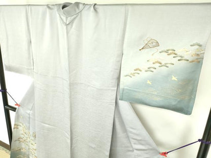 平和屋着物▽訪問着　単衣　刺繍　雪輪花松文　暈し染め　金彩　正絹　逸品　DABF3137op