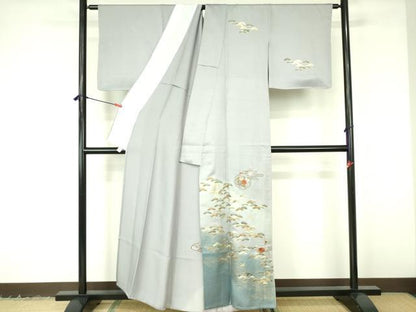 平和屋着物▽訪問着　単衣　刺繍　雪輪花松文　暈し染め　金彩　正絹　逸品　DABF3137op