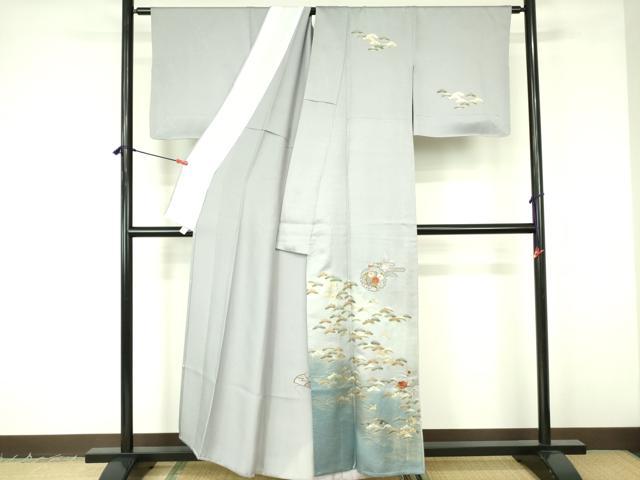 平和屋着物▽訪問着　単衣　刺繍　雪輪花松文　暈し染め　金彩　正絹　逸品　DABF3137op