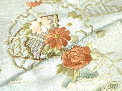 平和屋着物▽訪問着　単衣　刺繍　雪輪花松文　暈し染め　金彩　正絹　逸品　DABF3137op